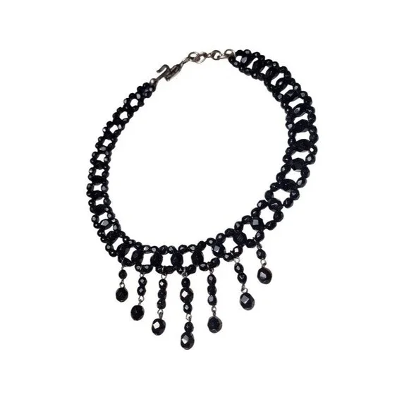 Goth Victorian Firenze Italy Black Glass Beaded Necklace Jean Andre - Picture 4 of 8